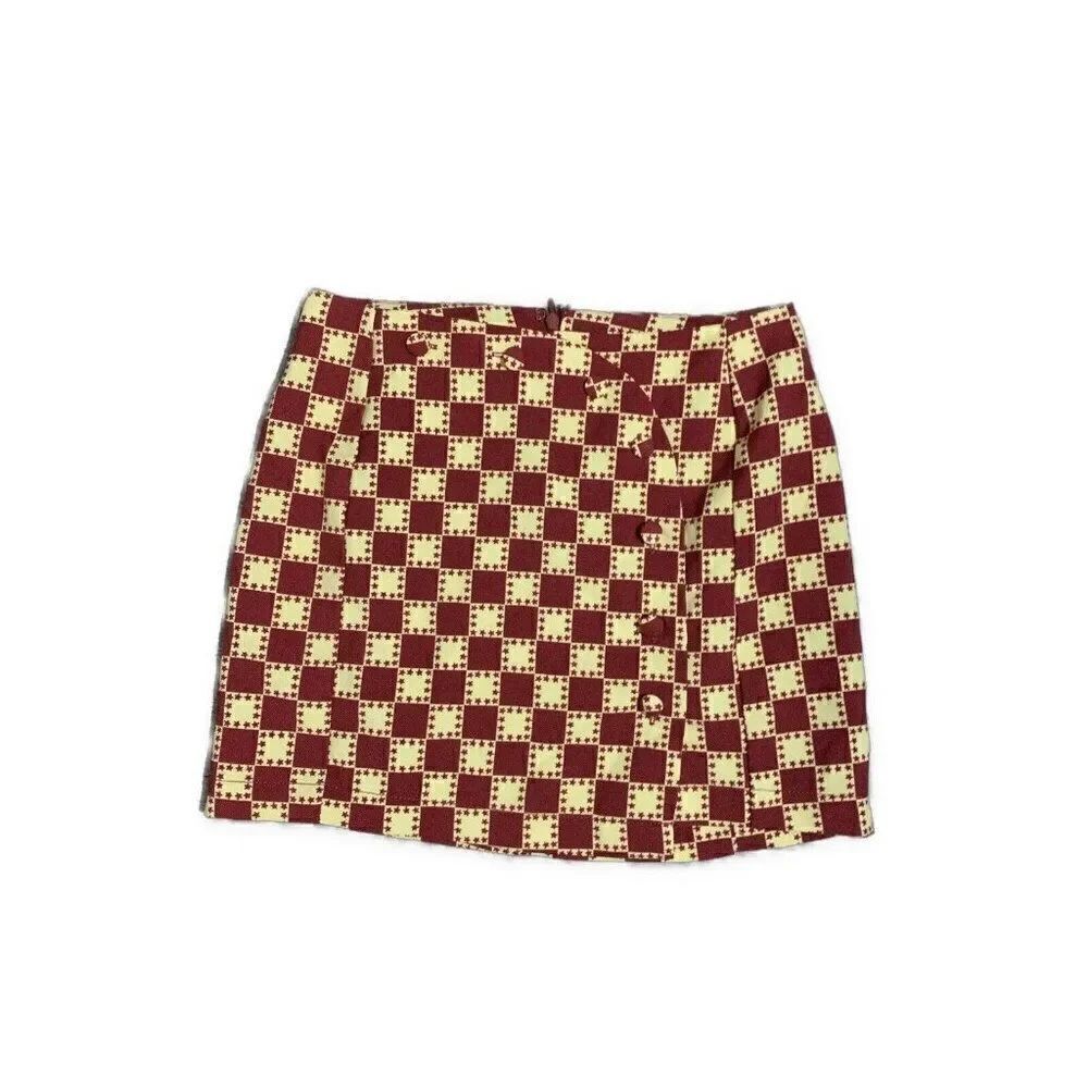urban outfitters Womens Burgundy Red Beige Checked Mini Skirt Xs